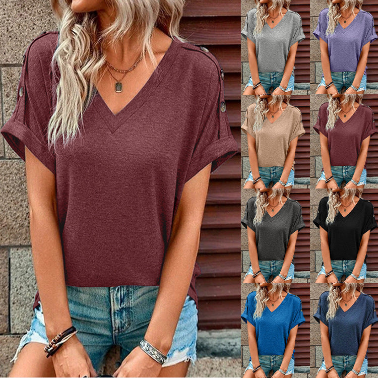 Women's Solid Color Button Fashion Sleeve Women's T-shirt