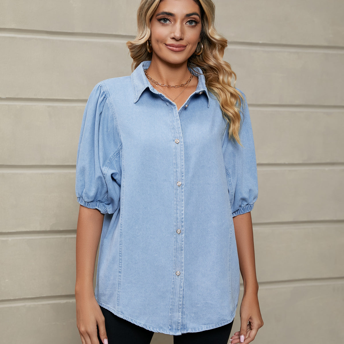 Women's Trade Elastic Princess Sleeves Denim Shirt Tops