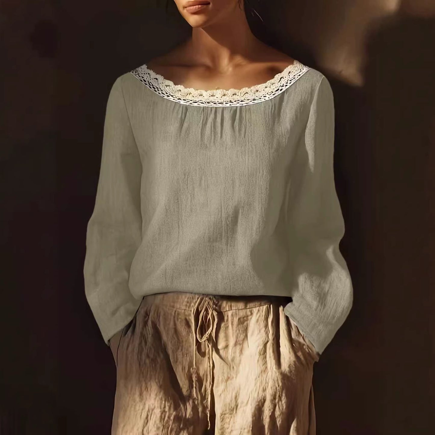 Women's Round Neck Lace Stitching Long Linen Sleeves Chinese Elegant Inner Women's T-shirt
