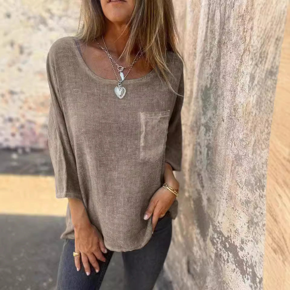Women's Casual Fashion Cotton Linen Solid Color With Pockets Women's T-shirt