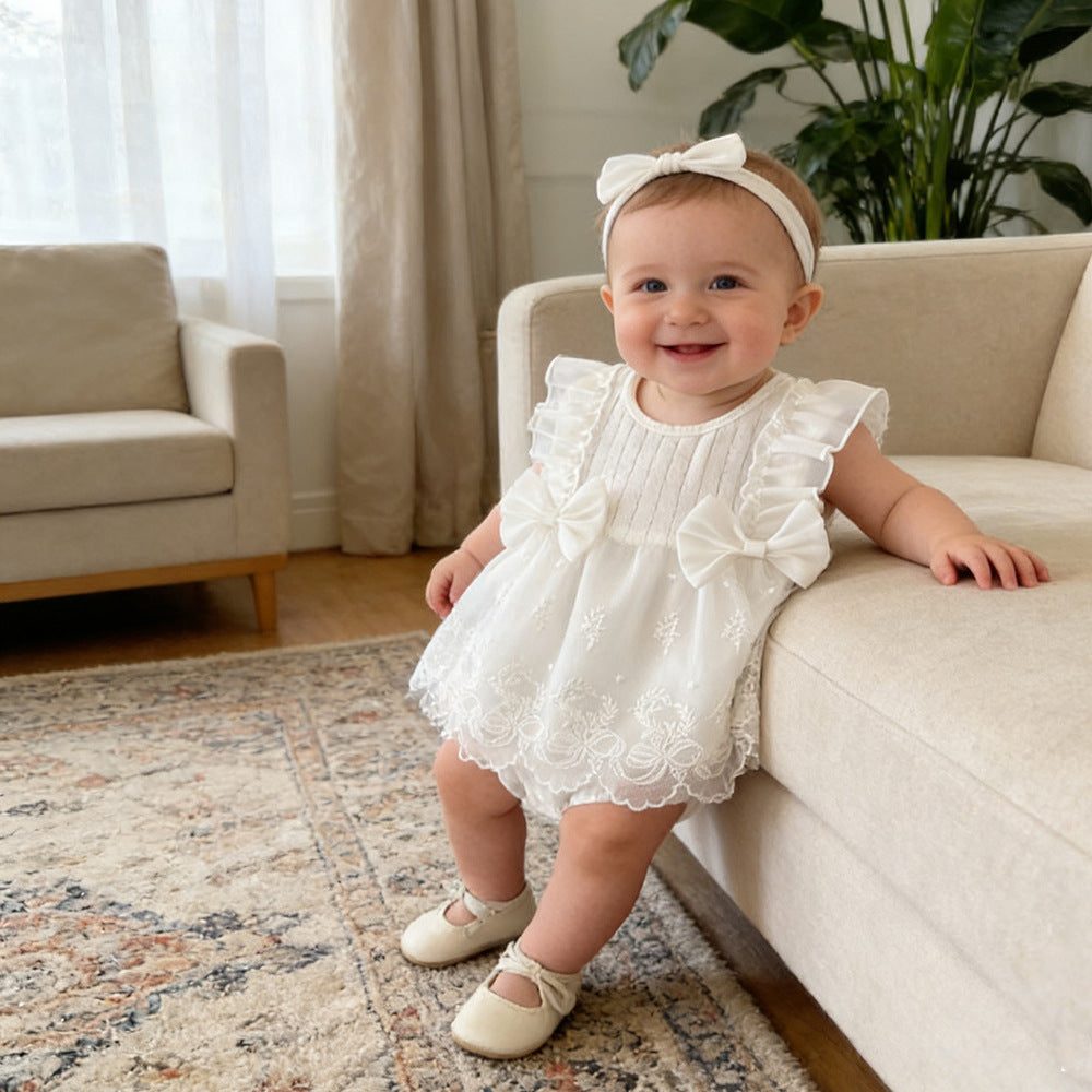 Lace Princess Style Romper Born White Bow Bloomer With Skirt Jumpsuit, Climbing Suit