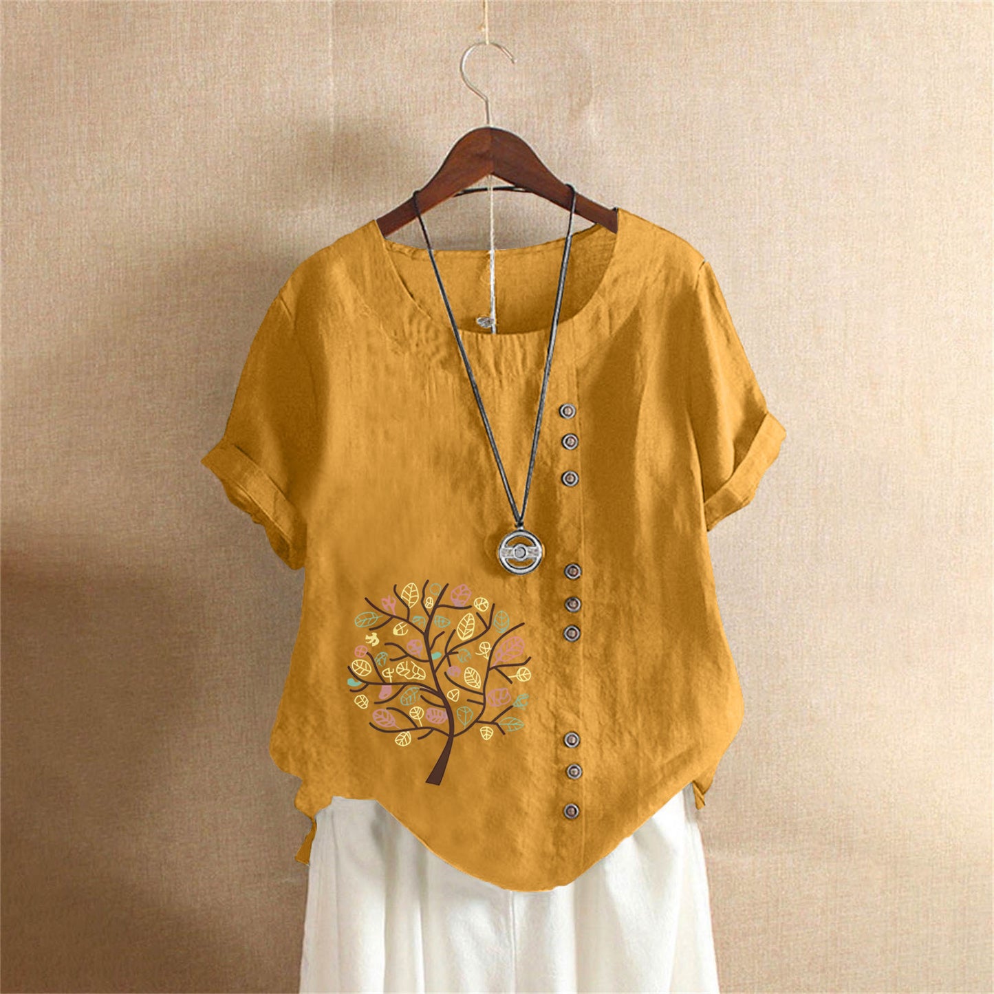 Women's Retro Large Casual Loose Cotton Linen Sleeve Pullover Happiness Women's T-shirt