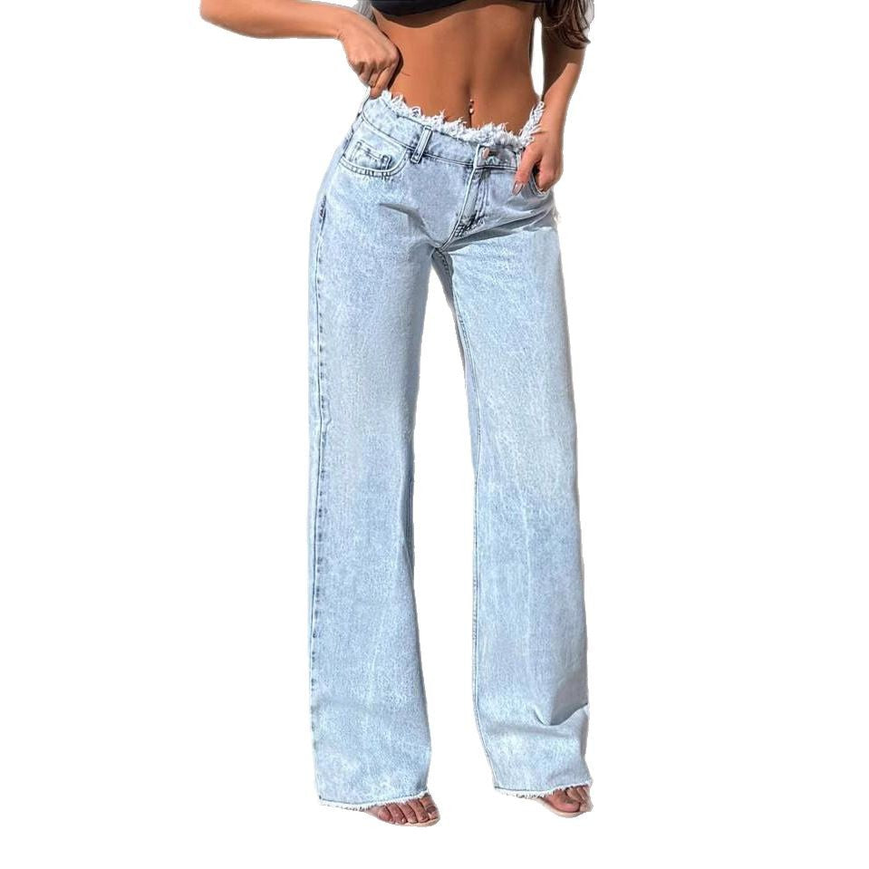 Women's Design Sense Niche Raw Hem High Waist Slimming Drape Baggy Women's Jeans