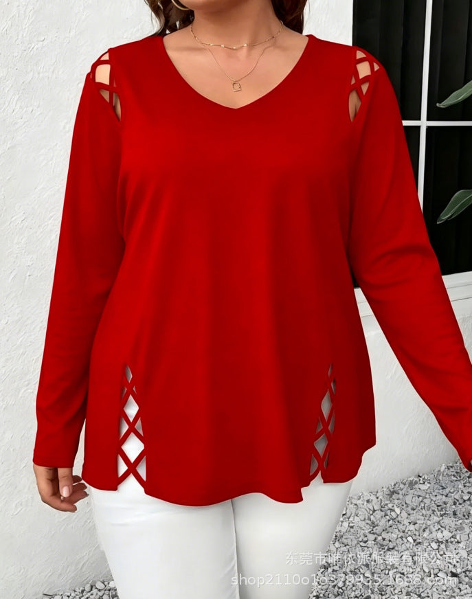 Women's Leisure Long Sleeve Shoulder Side Cross Hollow Plus Size