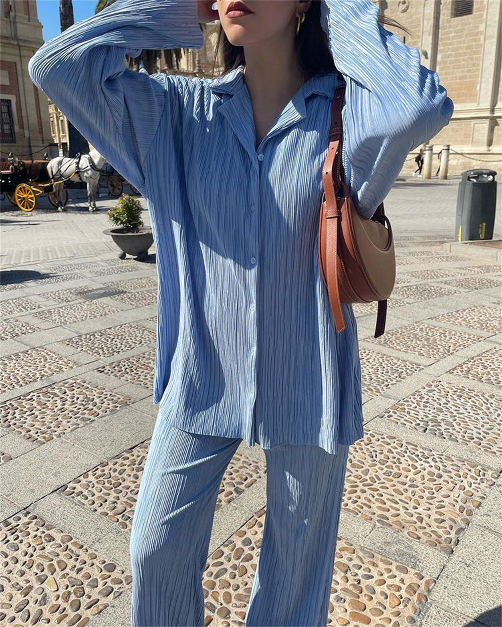 Women's Spring Pleated Design Shirt Outfit Trousers Loose Two-piece Set Fashion Casual Suit