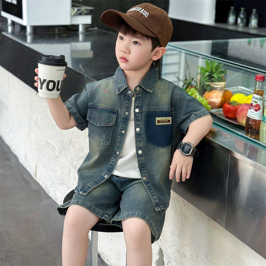 Children's Summer Pocket Labeling Denim Handsome Trendy Two-piece Children's Suit