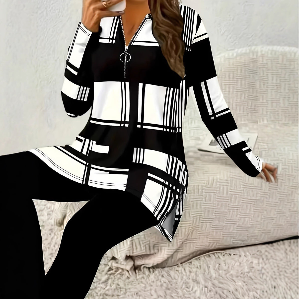 Women's Elegant Color Block Long Sleeve Zipper Shirt Digital Large Size T-shirt