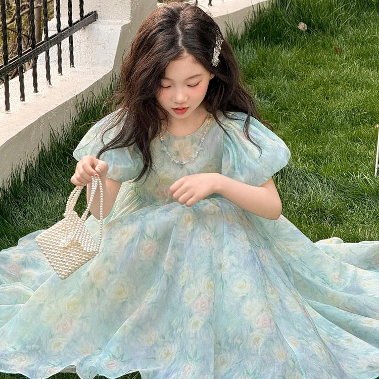 Summer Fresh Puff Sleeve Lightweight Large Children's Dress