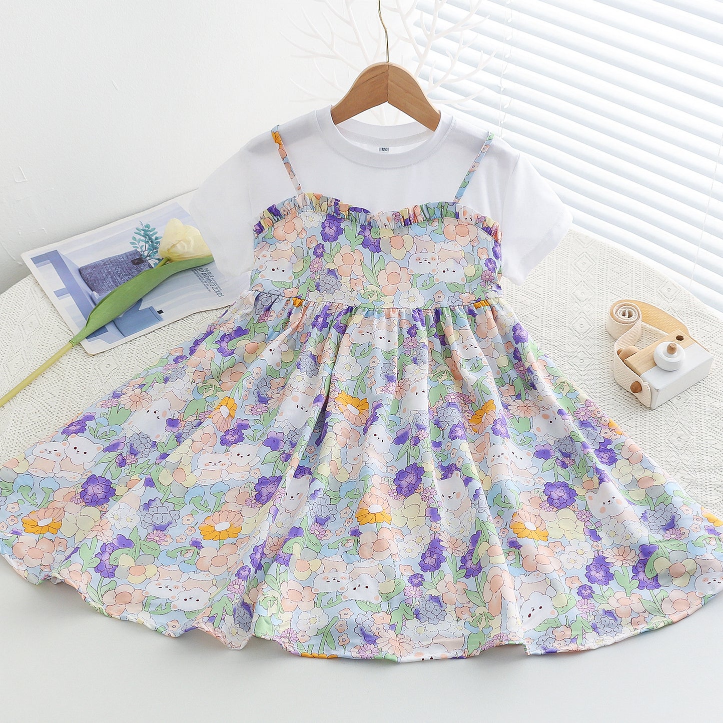 Children's Large Cotton Silk Short Sleeve Fake Two Pieces Artificial Summer Children's Dress