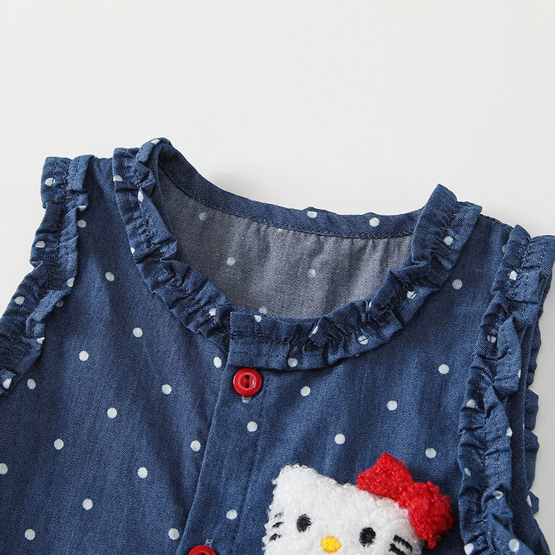 Children's Polka Dot Wooden Ear Skirt Cartoon Cat Princess Contrasting Red Children's Dress