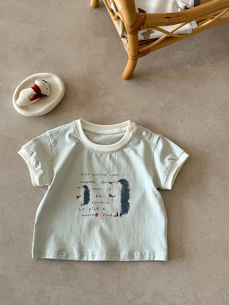 Summer Contrast Color Neckline Cartoon Print Short Sleeve Infant Versatile Children's T-shirt