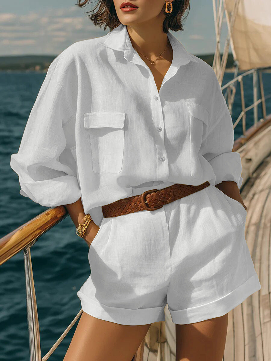 Women's Solid Color Loose Breasted Shirt Set Shorts