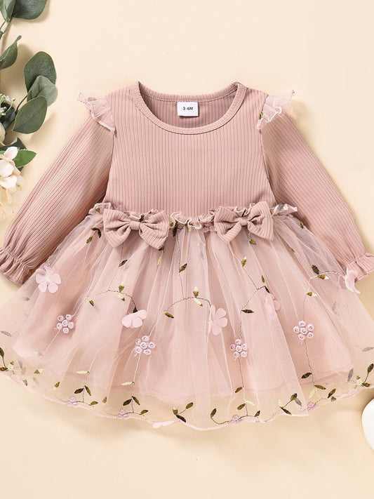 Sunken Stripe Long Sleeve Mesh Embroidered Princess Bow Birthday Children's Dress