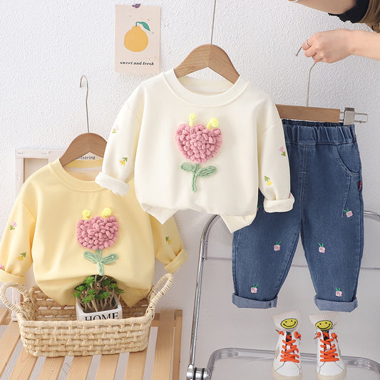 Children's Korean Style Western Fashion Flower Round Neck Children's Suit