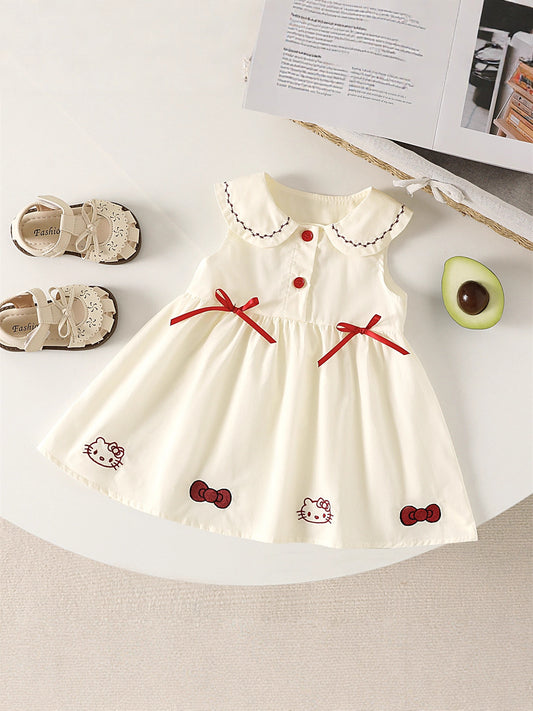 Children's Summer Doll Collar Lapel Bow Cartoon Cat Embroidery Western Children's Dress