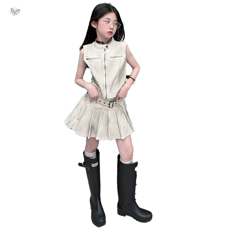 Style Vest Belt Pleated Skirt Middle Big Children's Suit