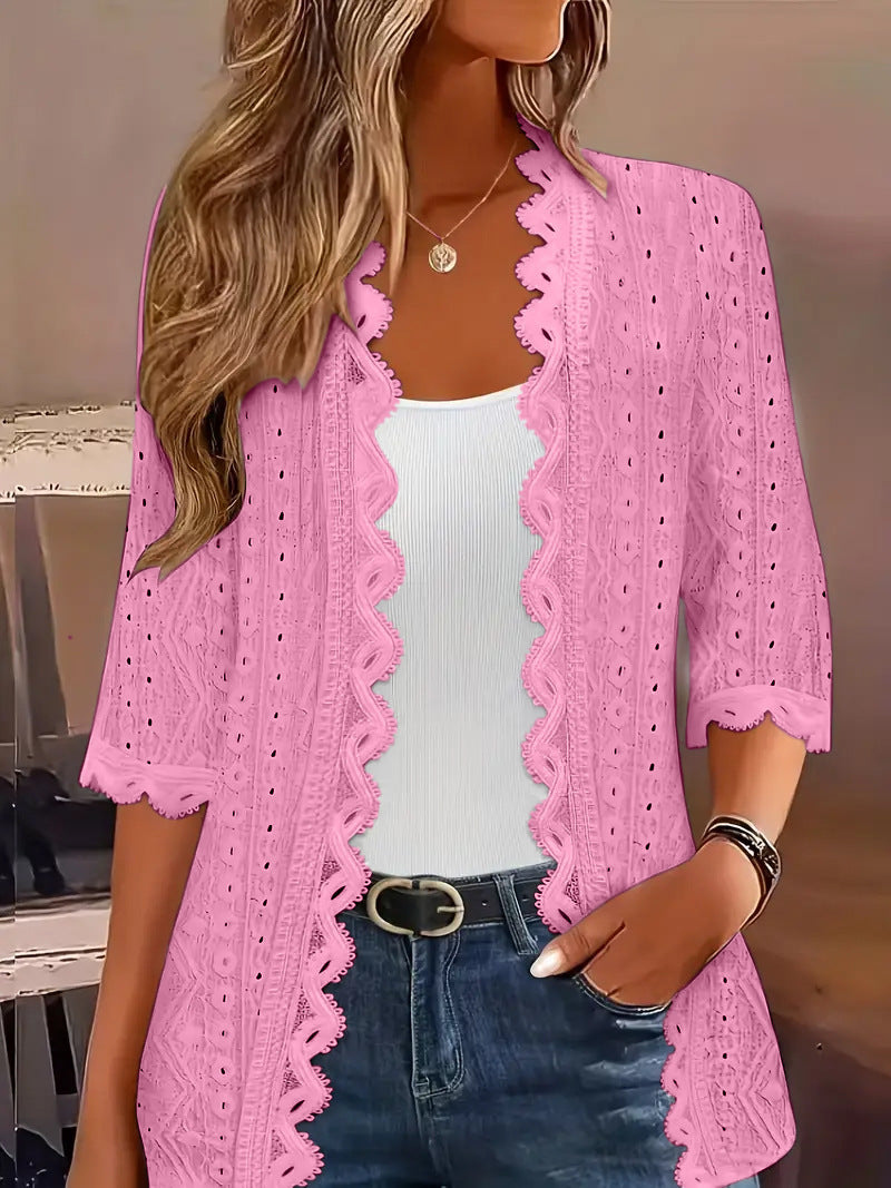 Women's Half Sleeve Knitted Hollow Lace Neckline Women's T-shirt