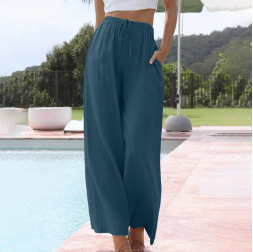 Women's Cotton Linen Drawstring High Waist Wide Casual Pants