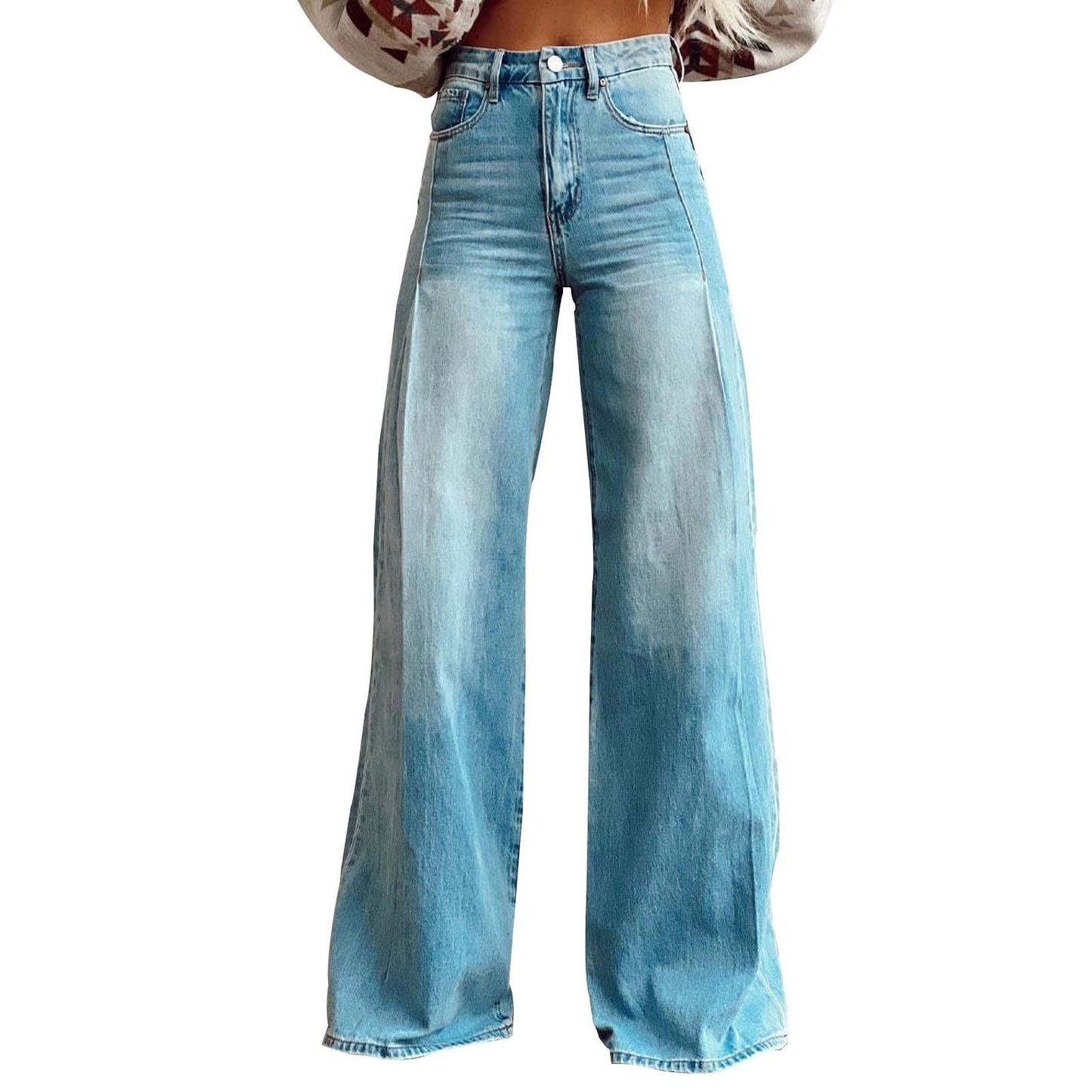 Retro Wide Leg Fashion High Waist Design Mop Denim Trousers Women's Jeans