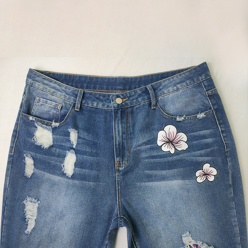 Women's Ripped Trendy Skull Edged Trousers Women's Jeans