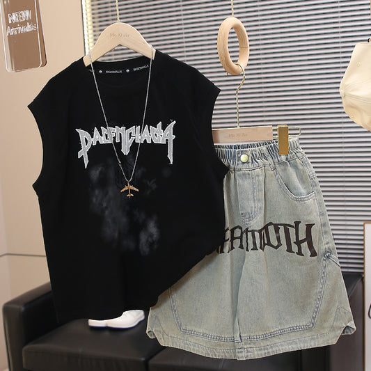 Children's Boy Summer Clothing Fashion Cowboy Sleeveless Vest Two-piece Set Loose Children's Suit