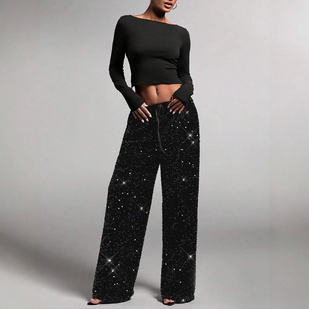 Loose Sequin Sequined Waist Strap Trousers Casual Pants