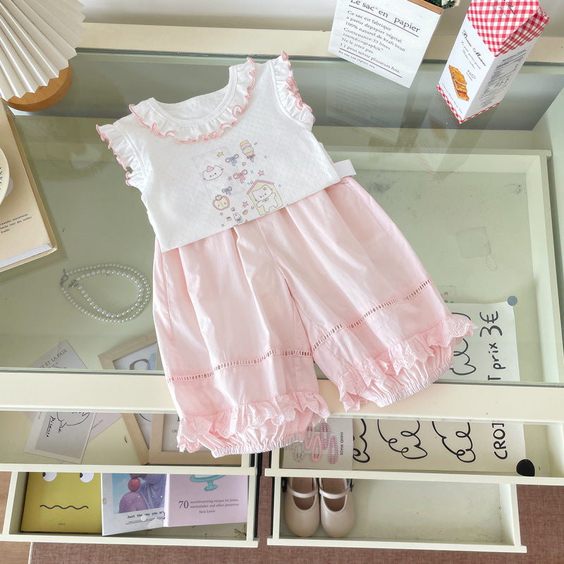 Fungus Flounced Sleeve Cartoon Vest Lace Edge Children's Suit