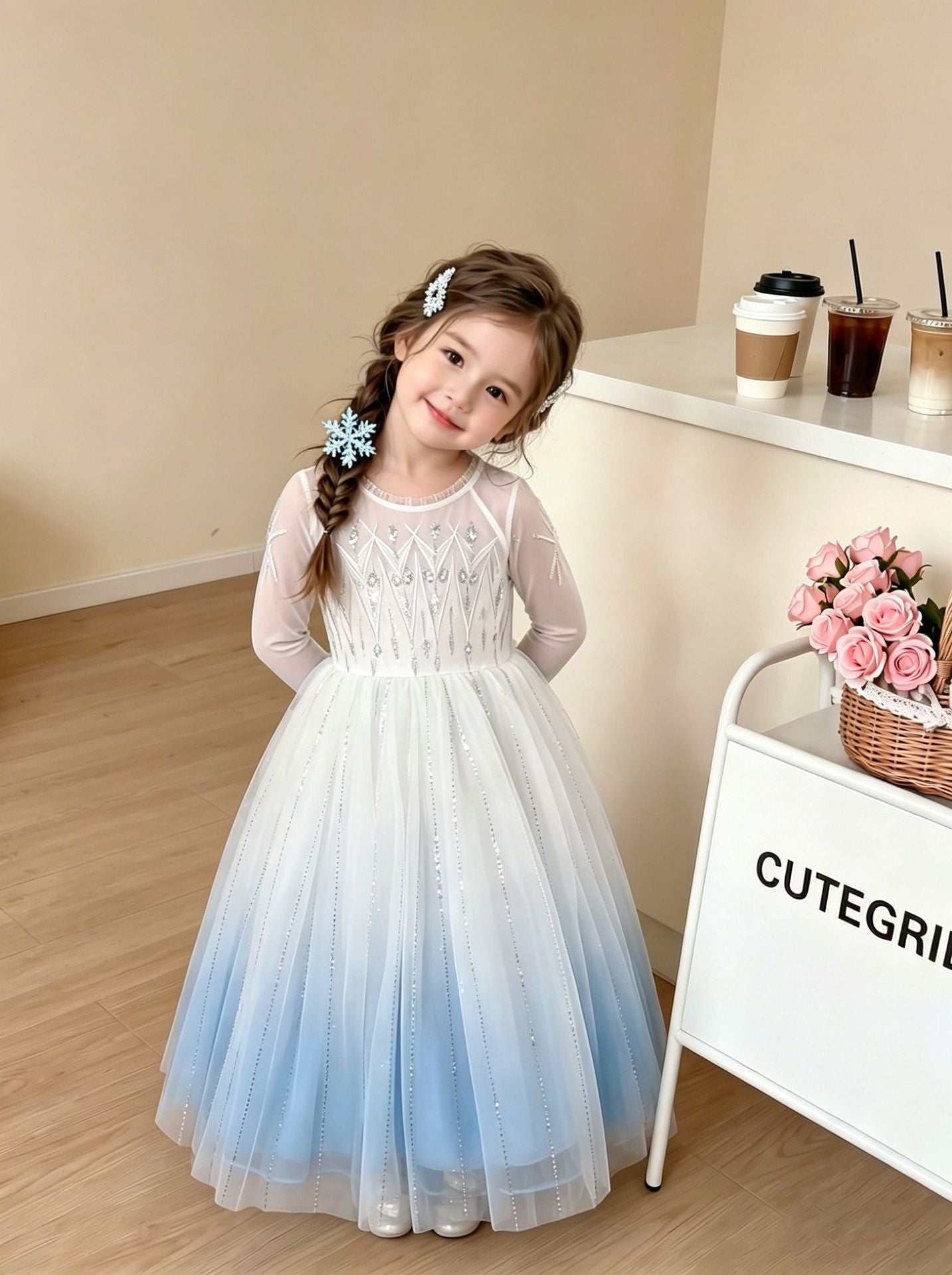 Beads Veil Movie Elsa Style Ice Snow Princess Birthday Piano Children's Dress
