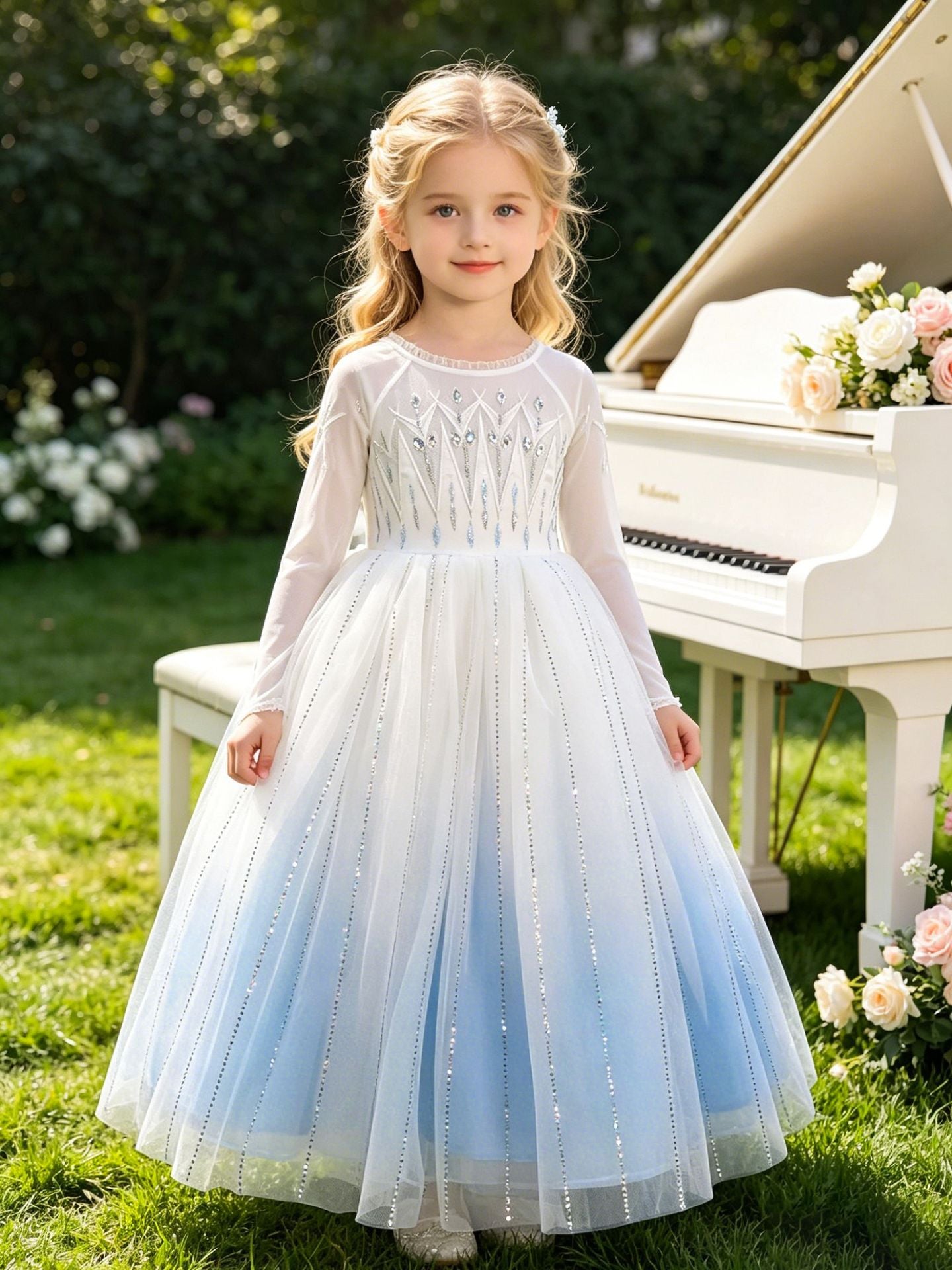 Beads Veil Movie Elsa Style Ice Snow Princess Birthday Piano Children's Dress