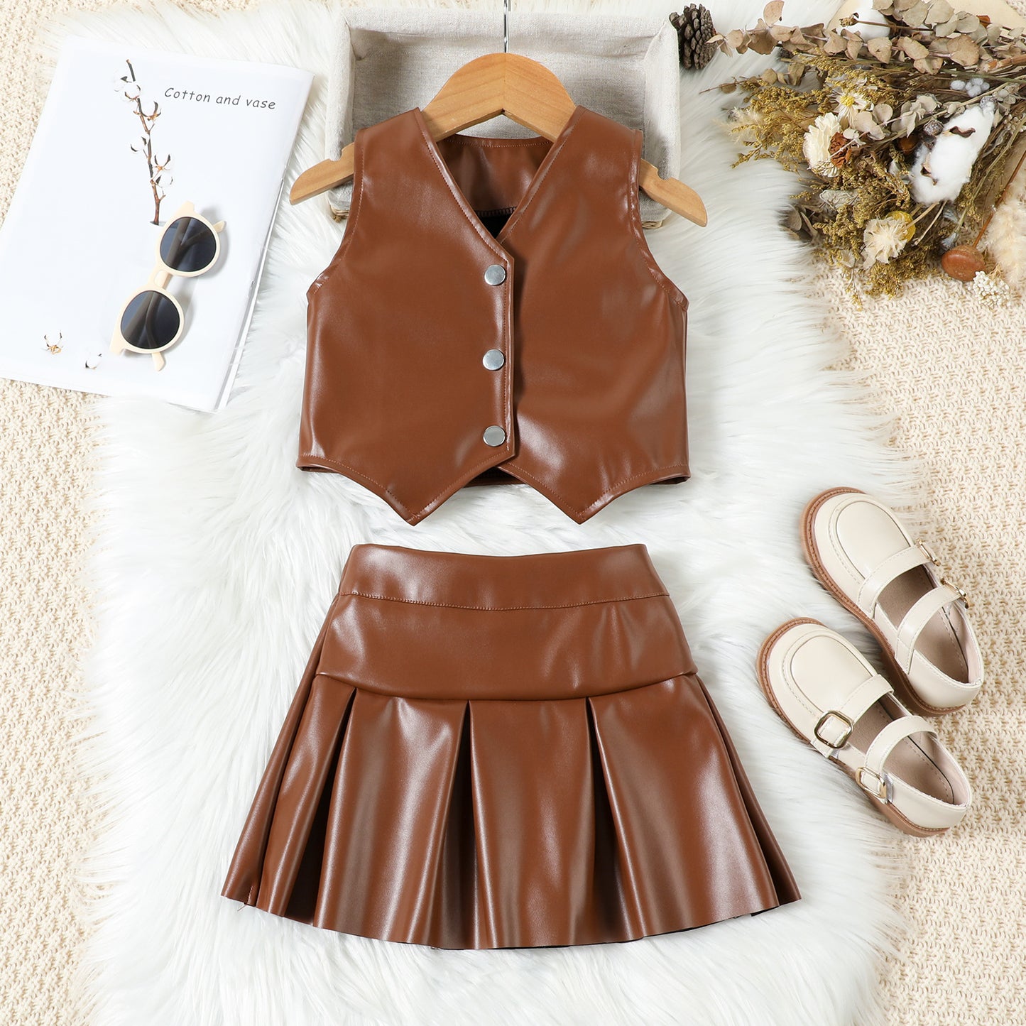 Fashionable Leather Single-breasted Vest Top Pleated Children's Suit