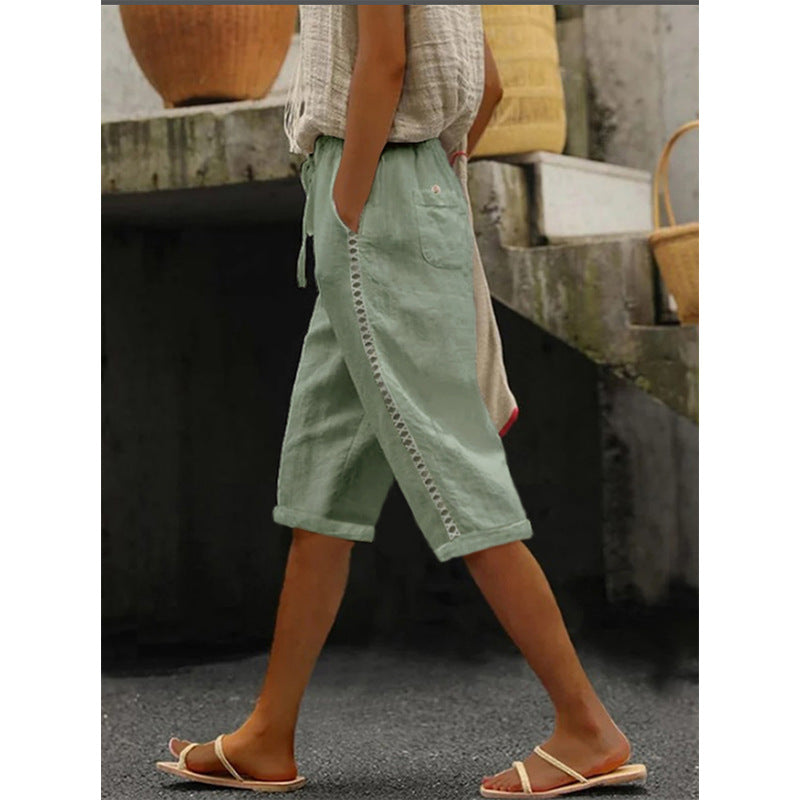 Summer Fashion Woven Cotton Linen Side Lace Hollowed Shorts