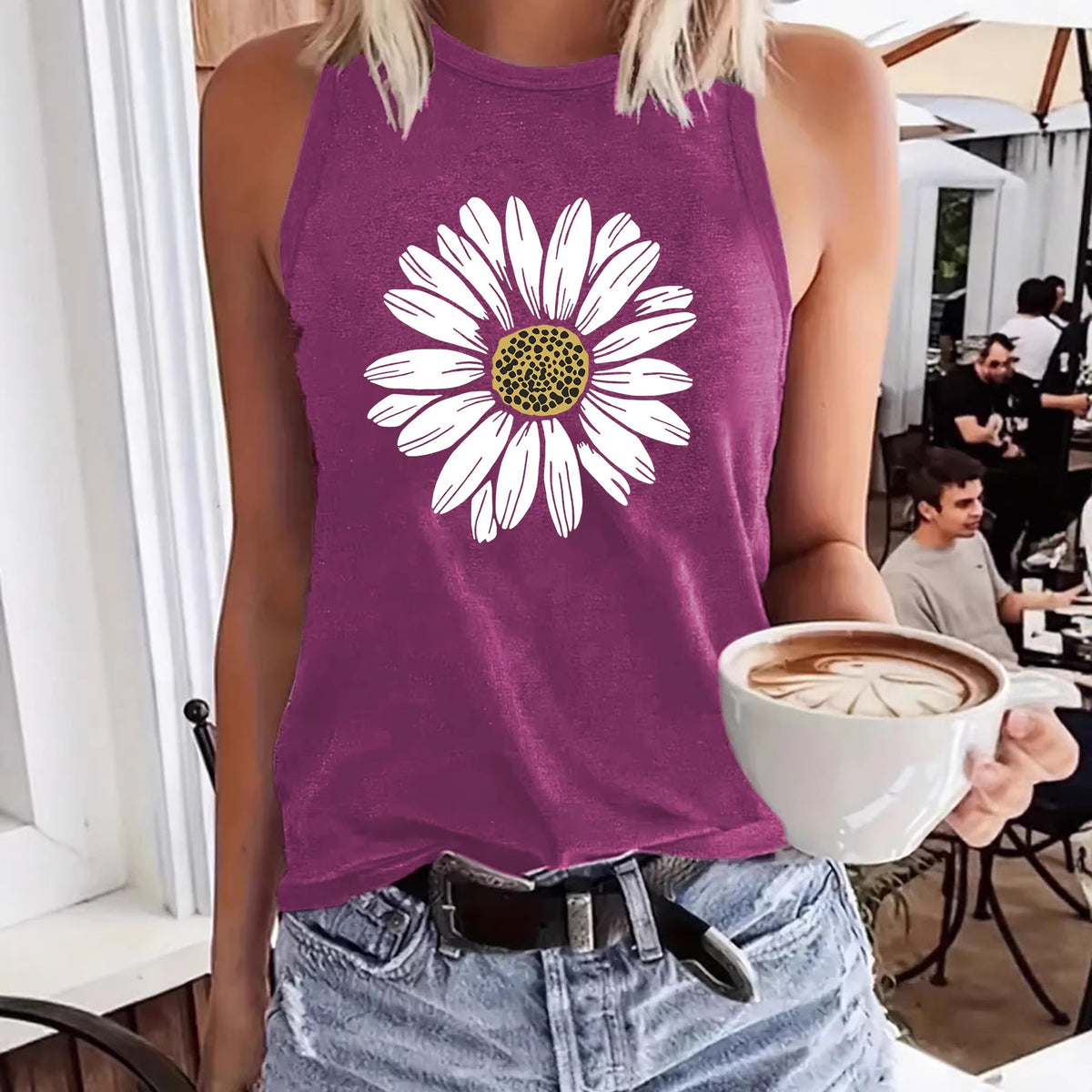 Women's Sleeveless Sunflower Print Loose Comfort Casual Fashion Tops