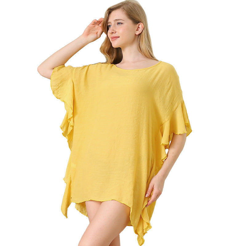 Women's Ruffled Solid Color Simple Loose Beach Bikini Cover-up Sunscreen Dress Lace Shirt, Chiffon Shirt