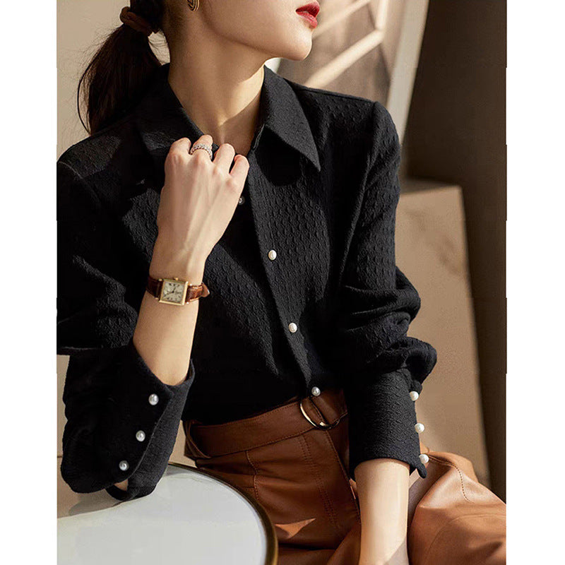 Women's Slimming Long Sleeves Black Shirt Design Sense Niche Casual Chic Blouse