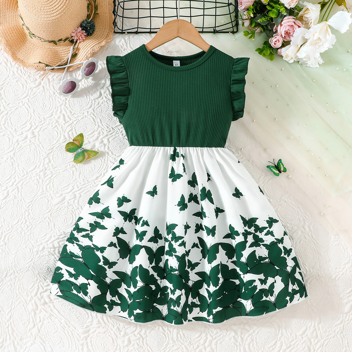 Short-sleeved Flounced Sleeve Sunken Stripe Stitching Butterfly Children's Dress