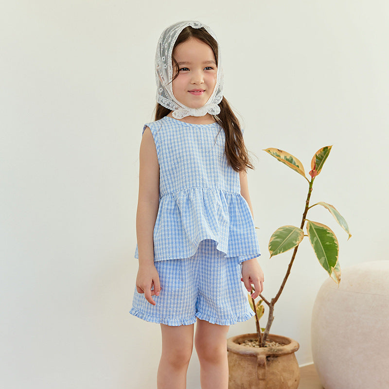 Children's Summer Korean Plaid Sleeveless Two-piece Casual Fashion Short Children's Suit