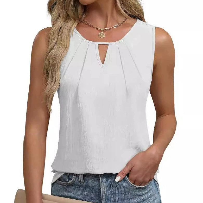 Women's Summer Pleated Solid Color Hollow Sleeveless Women's T-shirt