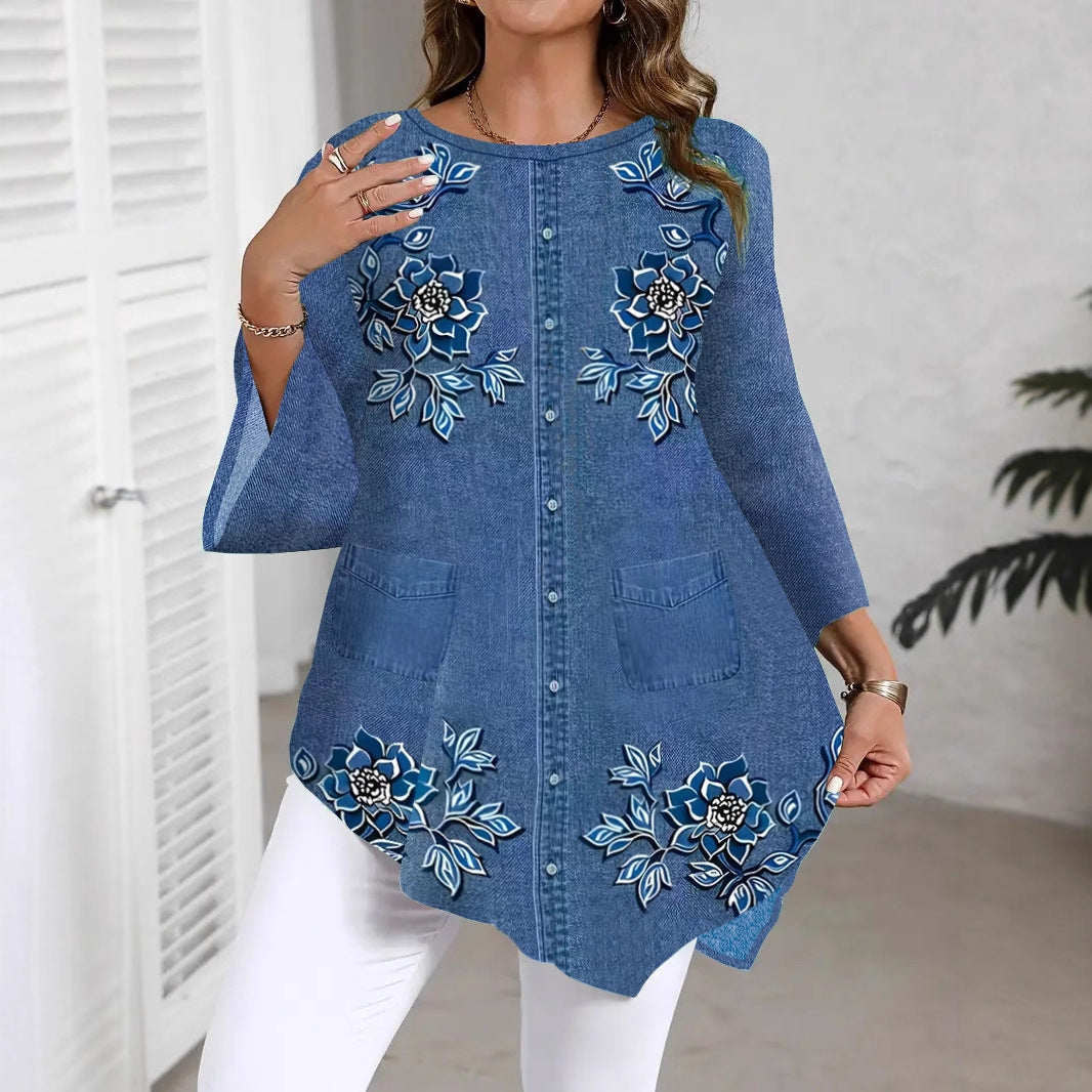 Summer Casual Flower Print Round Neck Large Size T-shirt