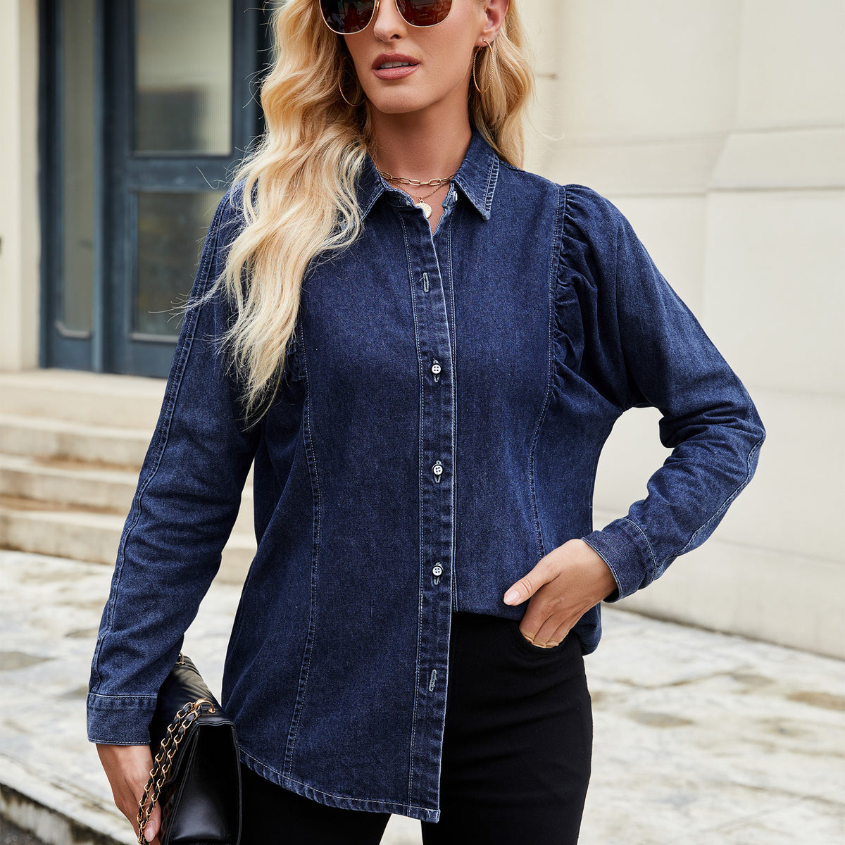 Women's Washed Shrug Denim Long Sleeve Shirt Tops