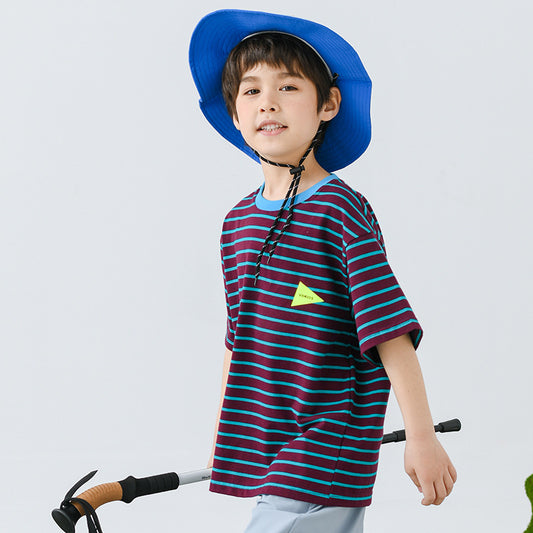 Mountain Contrast Color Striped Cotton Round Neck Children's T-shirt