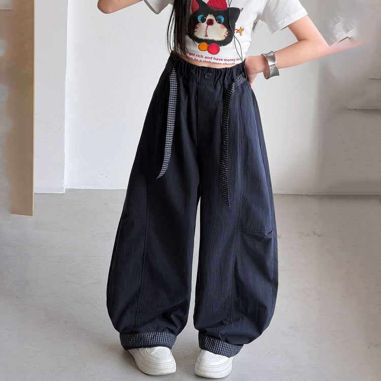 Children's Plaid Stitching Matchet Summer Medium Large Casual Lightweight Children's Pants