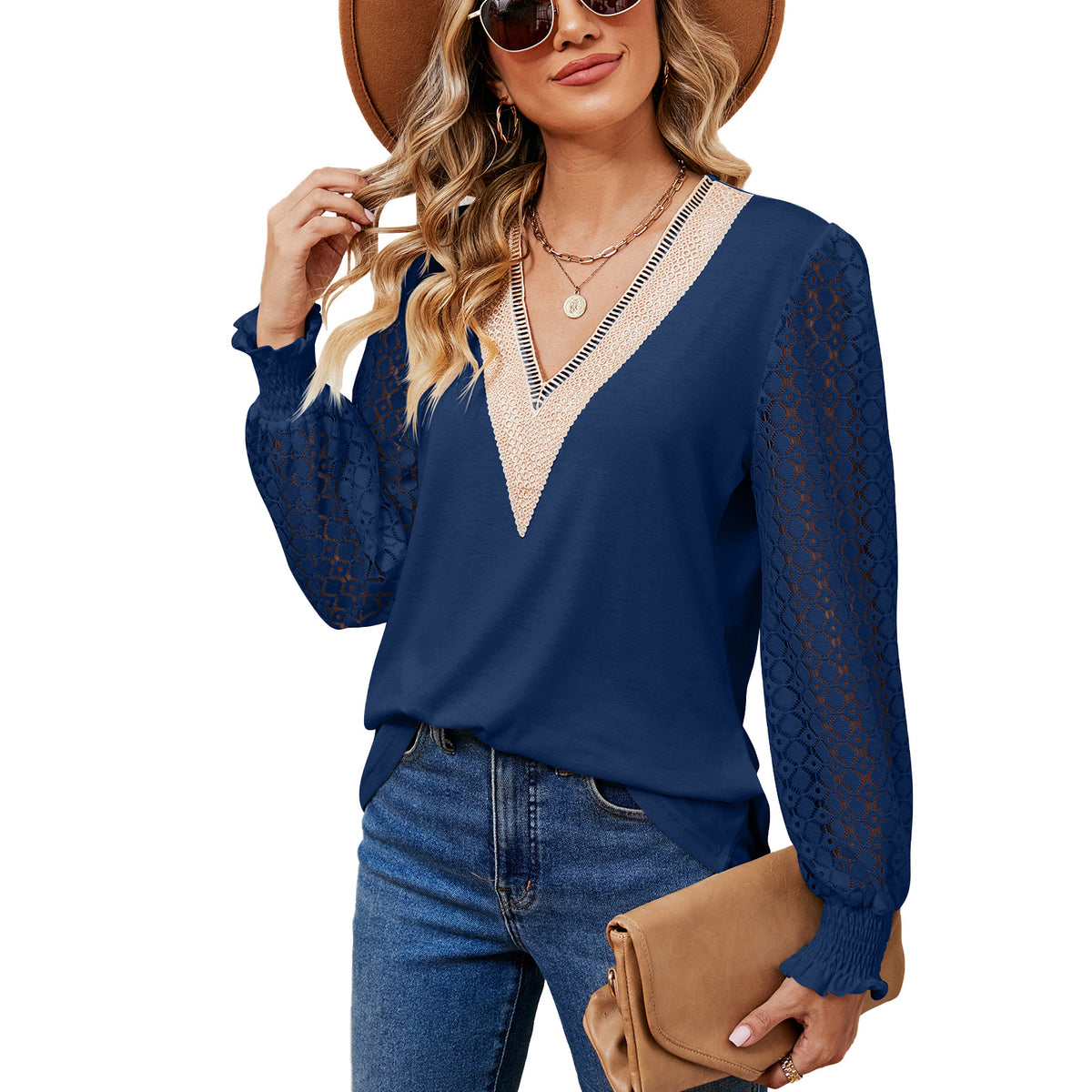 Attractive Women's Lace Patchwork Loose Long-sleeved Women's T-shirt