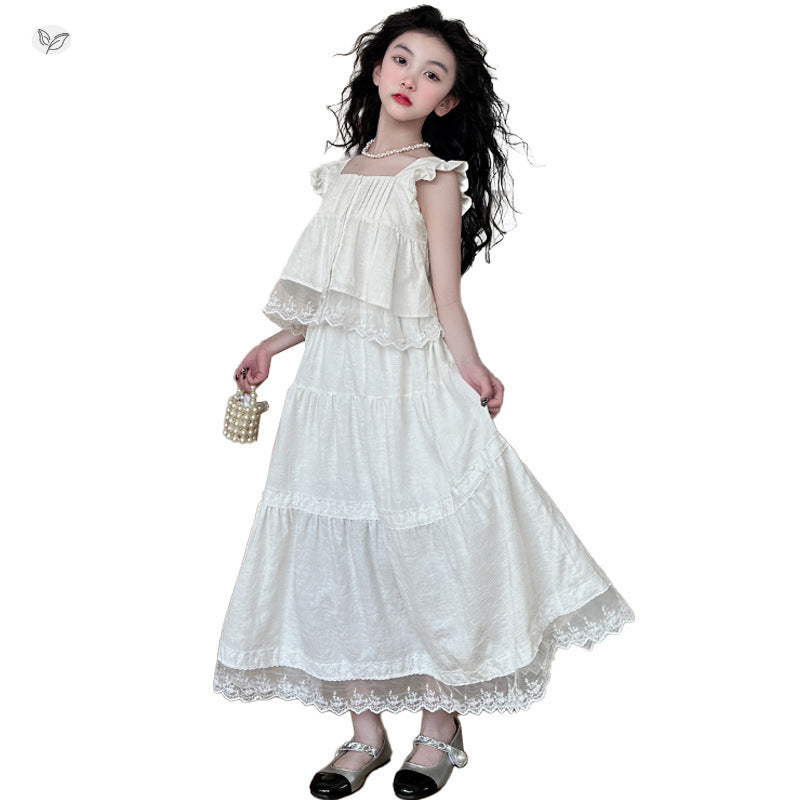 French Embroidery Summer Middle Big Flying Sleeve Top A- Line Children's Suit