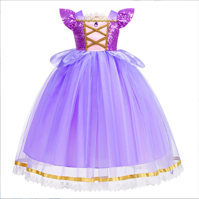 Children's Long Hair Princess Golden Big Bow Children's Dress