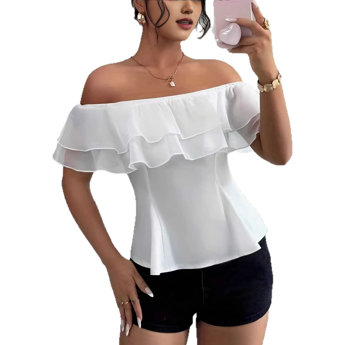 Summer Fashion Elegant Ruffled Sexy Strapless Lace Shirt, Chiffon Shirt