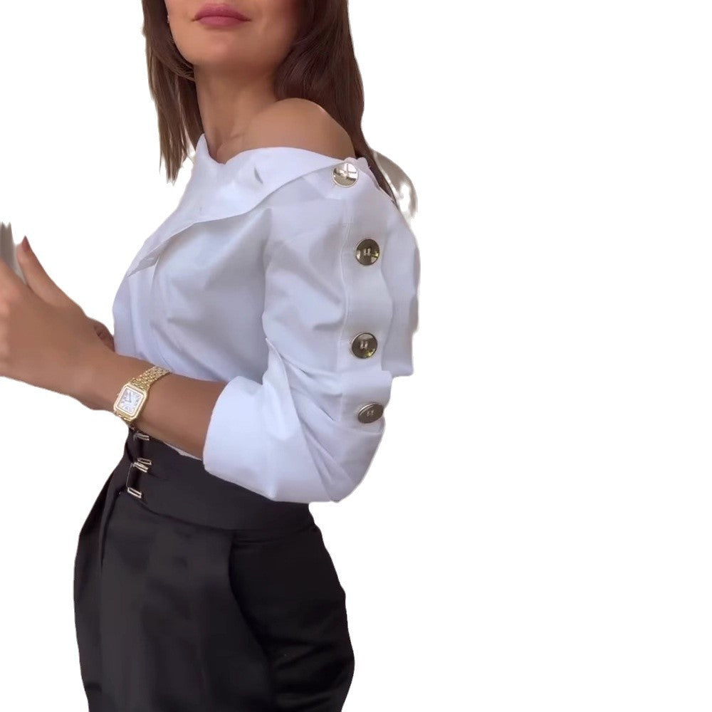 Fashion Solid Color Turtleneck Metal Buckle Blouse