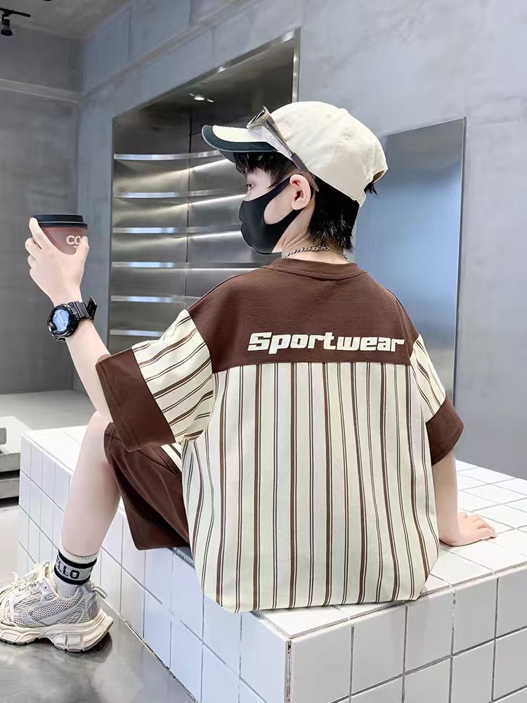 Children's Clothing Boys Summer Middle Big Handsome Stripes Short Sleeve Children's Suit