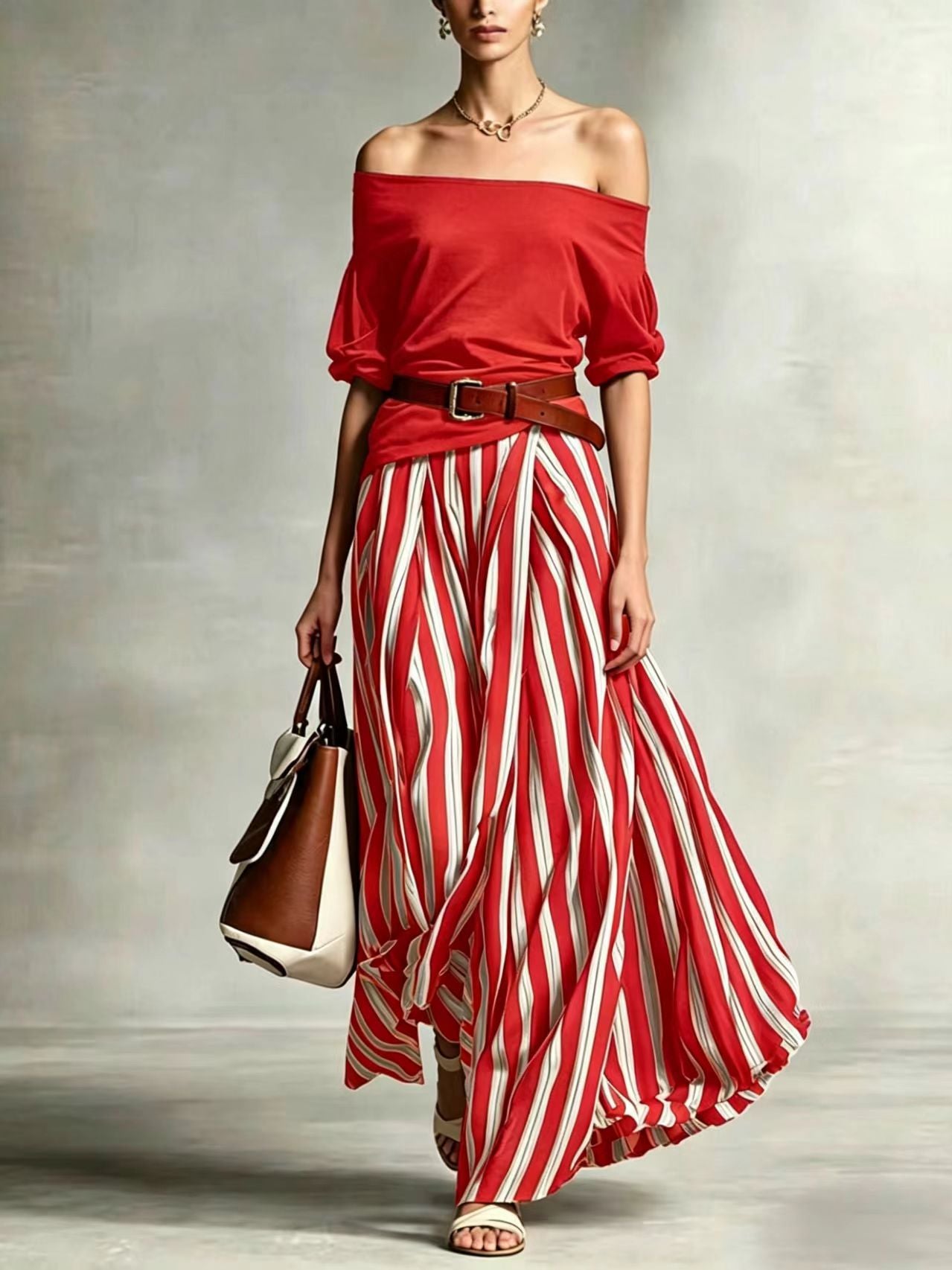 Women's Puff Sleeve Vertical Stripes Draping Striped Fashion Casual Suit