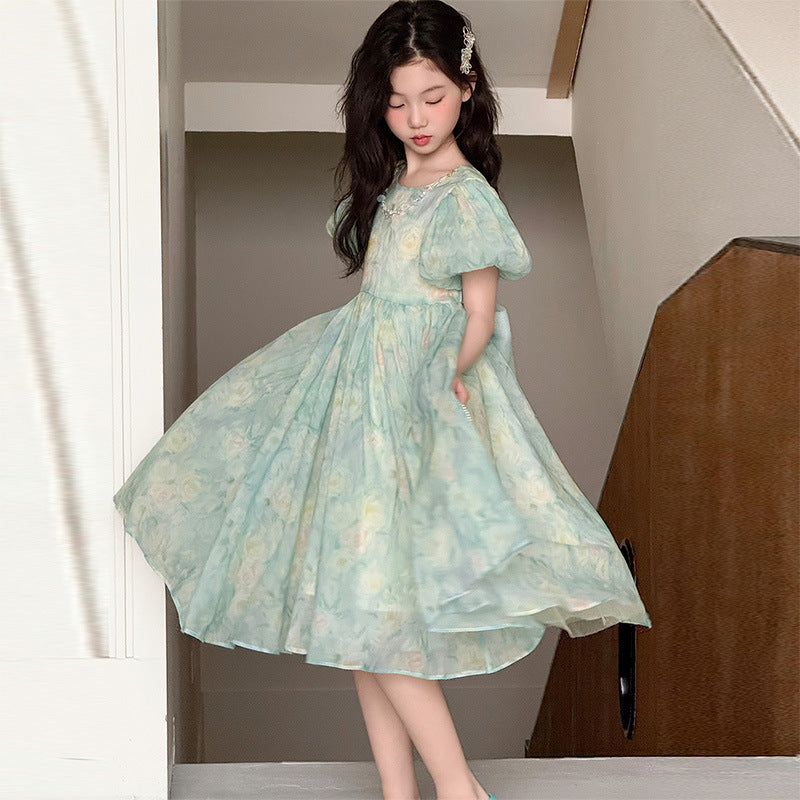 Summer Fresh Puff Sleeve Lightweight Large Children's Dress