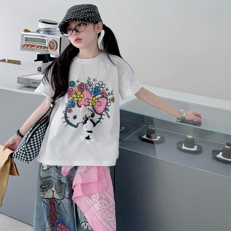 Printed Short-sleeved Jeans Korean Cartoon T-shirt Iti Pants Children's Suit